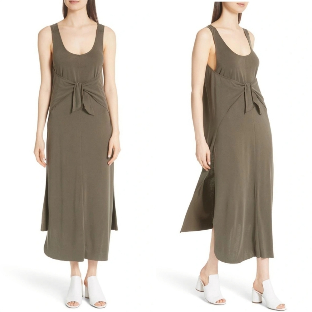 New Vince Knot Tie Front Sleeveless Scoop Neck High Low Midi Shift Dress